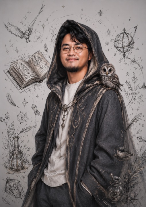 Wahyu as the ice wizard, with Wiz the snow owl